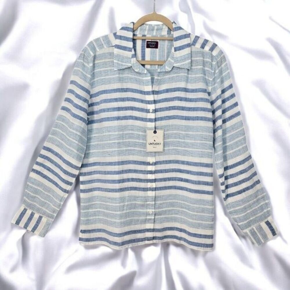 UNTUCKit Vietti Womens Linen Button Down Shirt Blue White Striped Size 16 NWT